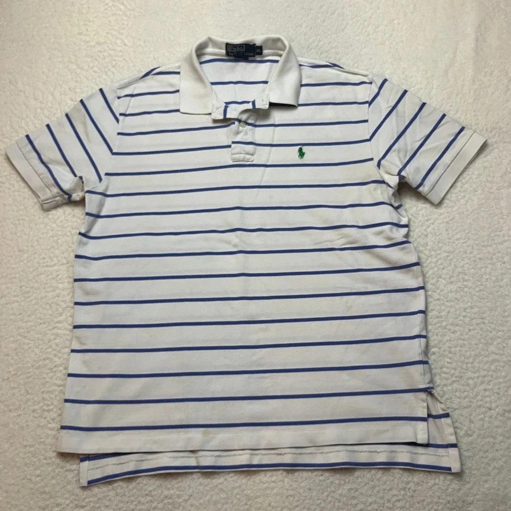 Polo Ralph Lauren Polo Shirt Mens XL White Blue Striped Short Sleeve Pony Logo